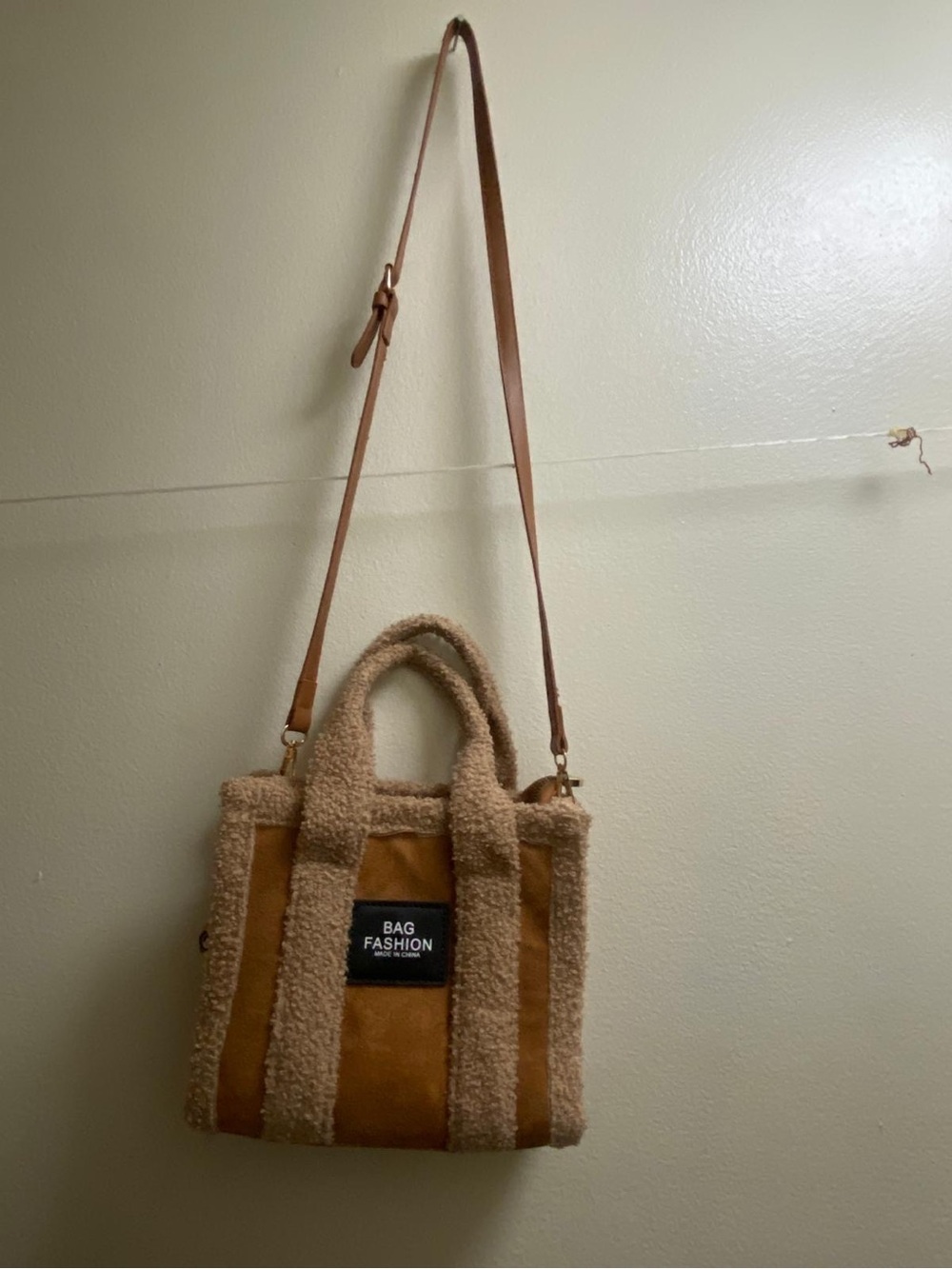 Source Unknown Tan Sherpa & Suede Stripe Crossbody Tote